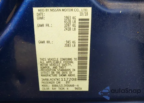 2019 Nissan Altima 2.5 Sr z USA, uszkodzony, nr VIN 1N4BL4CV7KC117208